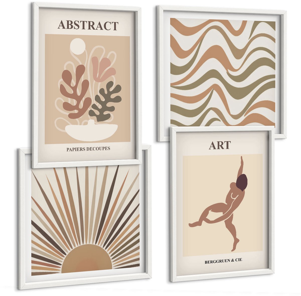 Wallfluent 4-Delige Schilderij Set - Matisse Boho Abstracte Vormen En Patronen - 40 x 40 En 40 x 60 - Decoratieve Muurdecoratie - Slaapkamer - Moderne Wanddecoratie