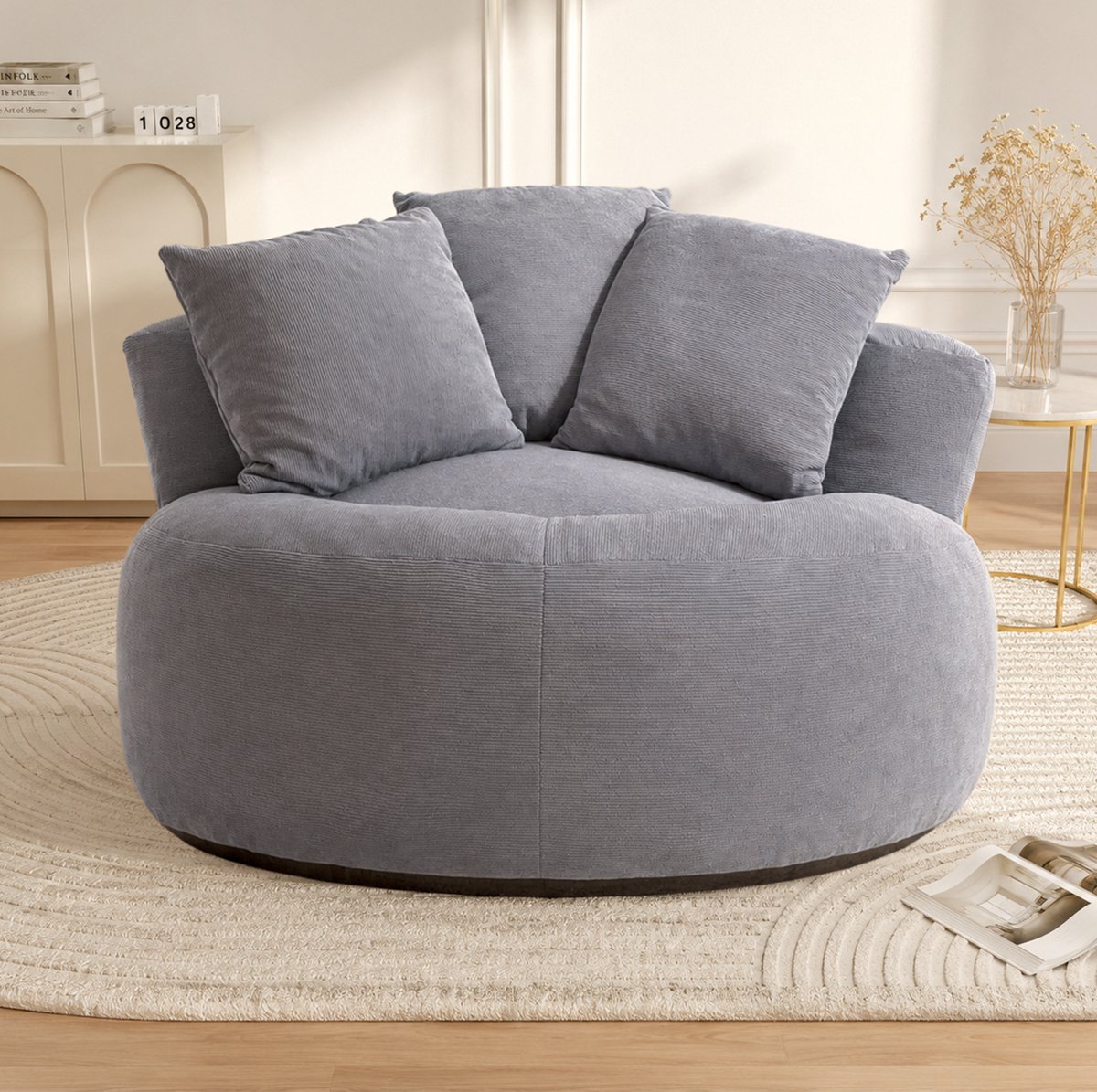 COVREO Zitzak 120 x 120 x 65 cm grijs ribstof - met rugleuning - schuimvulling - voor binnen gebruik