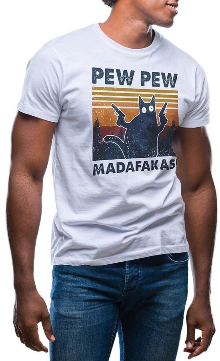 Vintage T-shirt met Grappige Kat met Pistolen - Pew Pew Print