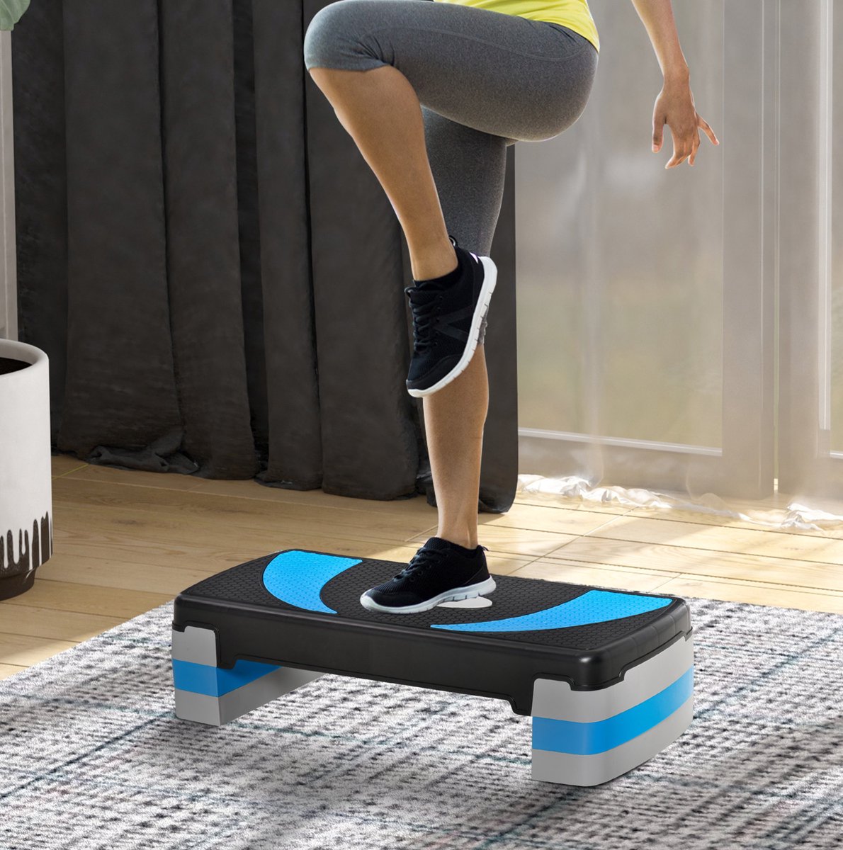 COVREO Aerobic stepper 80 x 31 x 10-20 cm zwart blauw kunststof - verstelbaar in 3 hoogtes - fitness