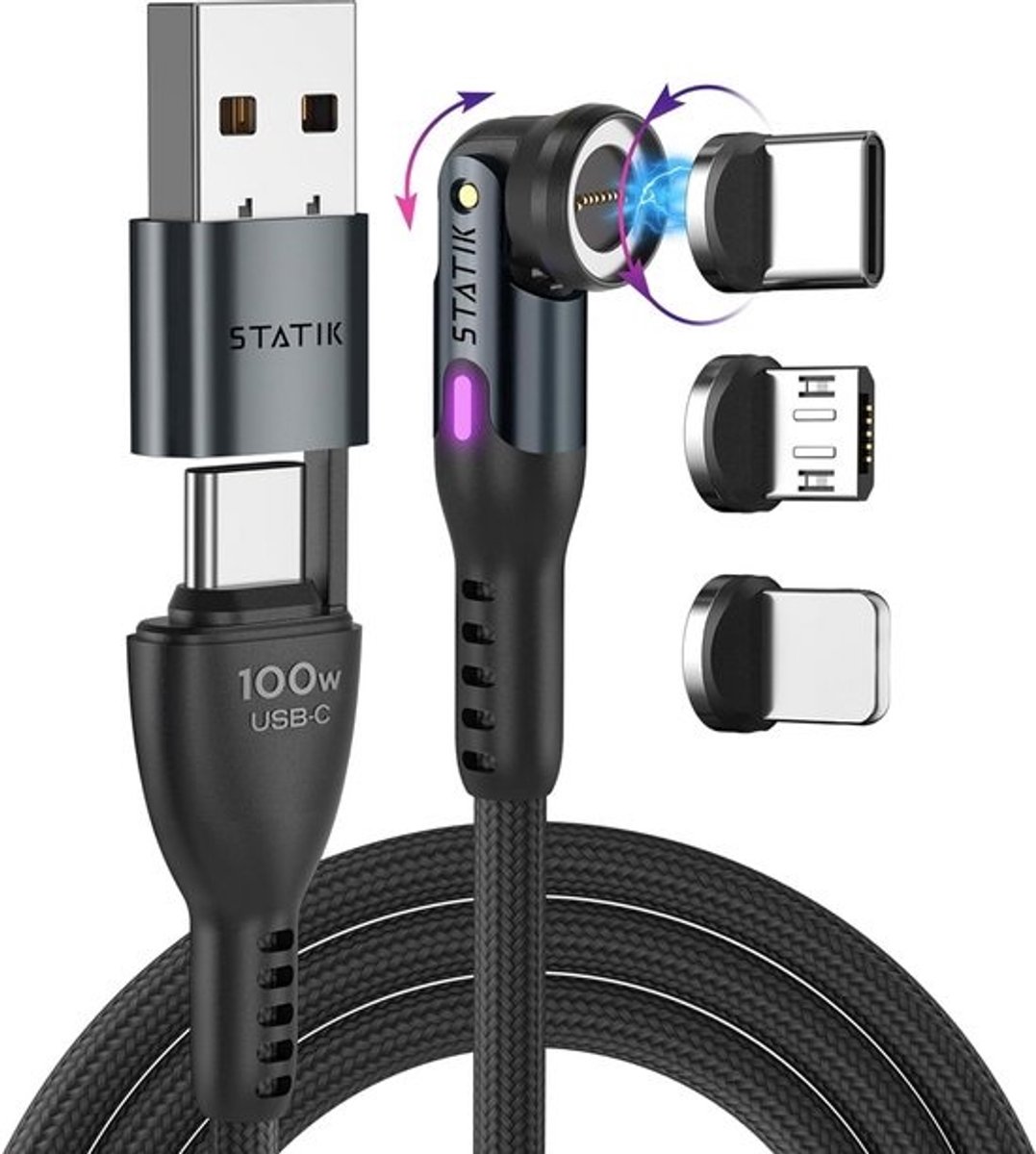 3-in-1 Magnetische Oplaadkabel - Snellader Type C, Micro-USB, USB A-adapter