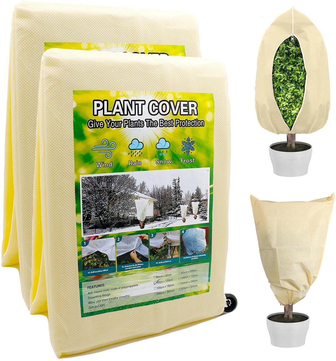 Winterbeschermhoes voor Planten - Vorstbescherming met Ritssluiting en Trekkoord - Voor Potplanten, Palmen, Olijfbomen en Oleanders - Beige - 2 Stuks - 80x120 cm