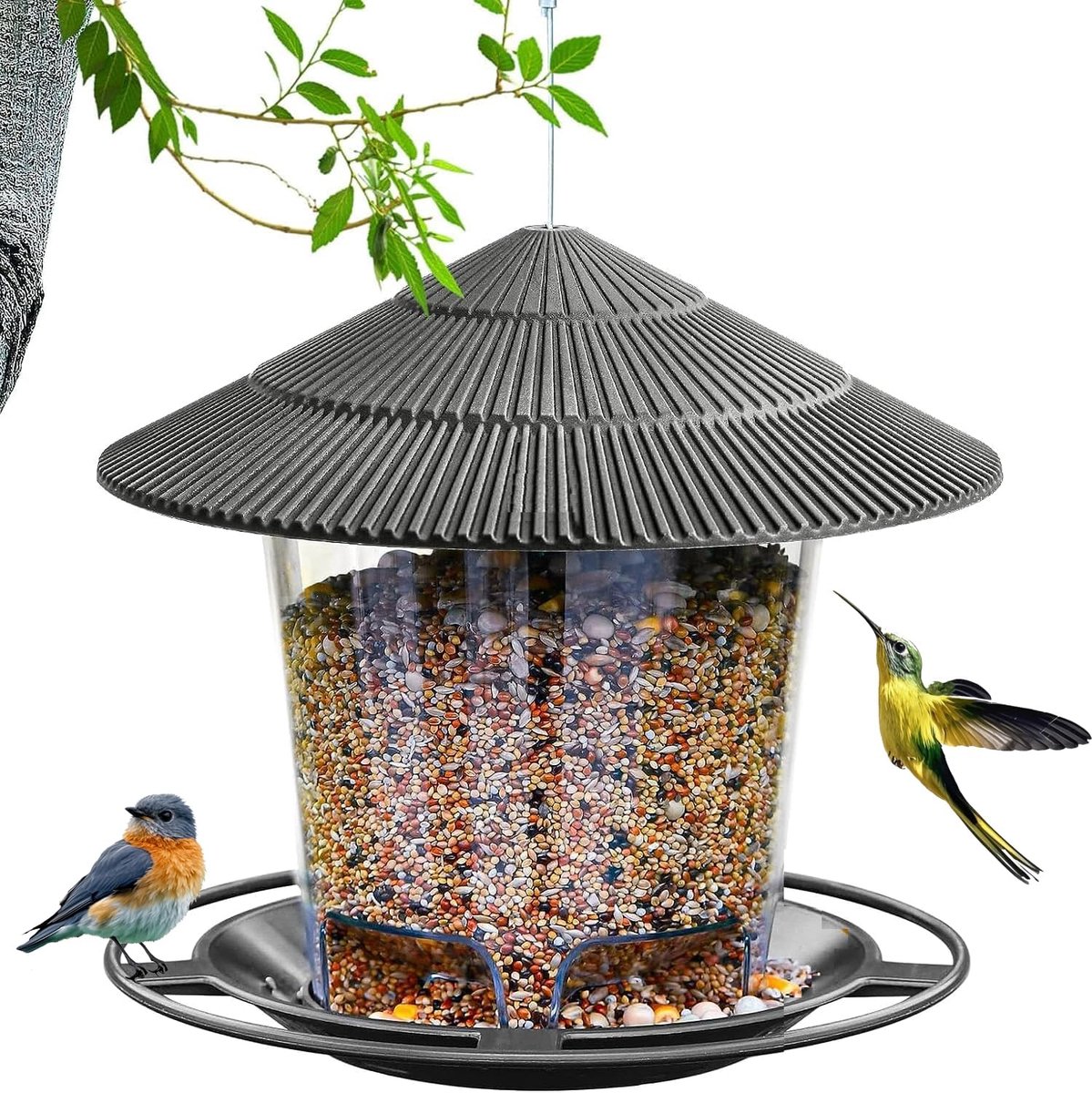 SnelShoppen - Vogelvoederdispenser Grijs, Weerbestendig Vogelvoederstation met Dak voor Tuin en Balkon, Ideaal voor Wilde Vogels, Hangend Voederhuis,