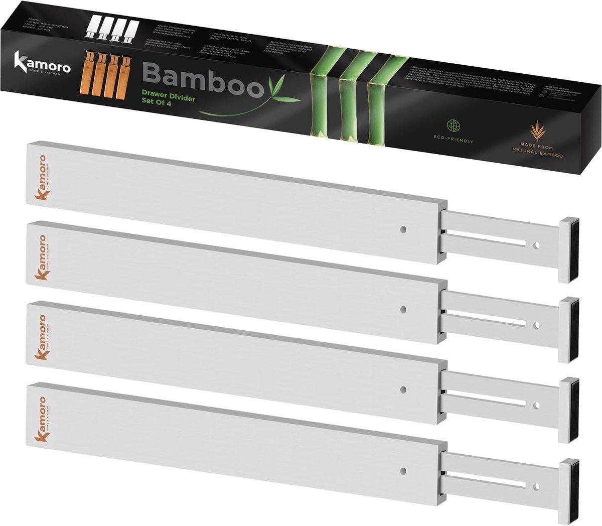 SnelShoppen - Set van 4 Verstelbare Ladeverdelers van Natuurlijk Bamboe - Organizer 45-57 cm - Wit - Ideaal voor Keuken, Kantoor en Thuis