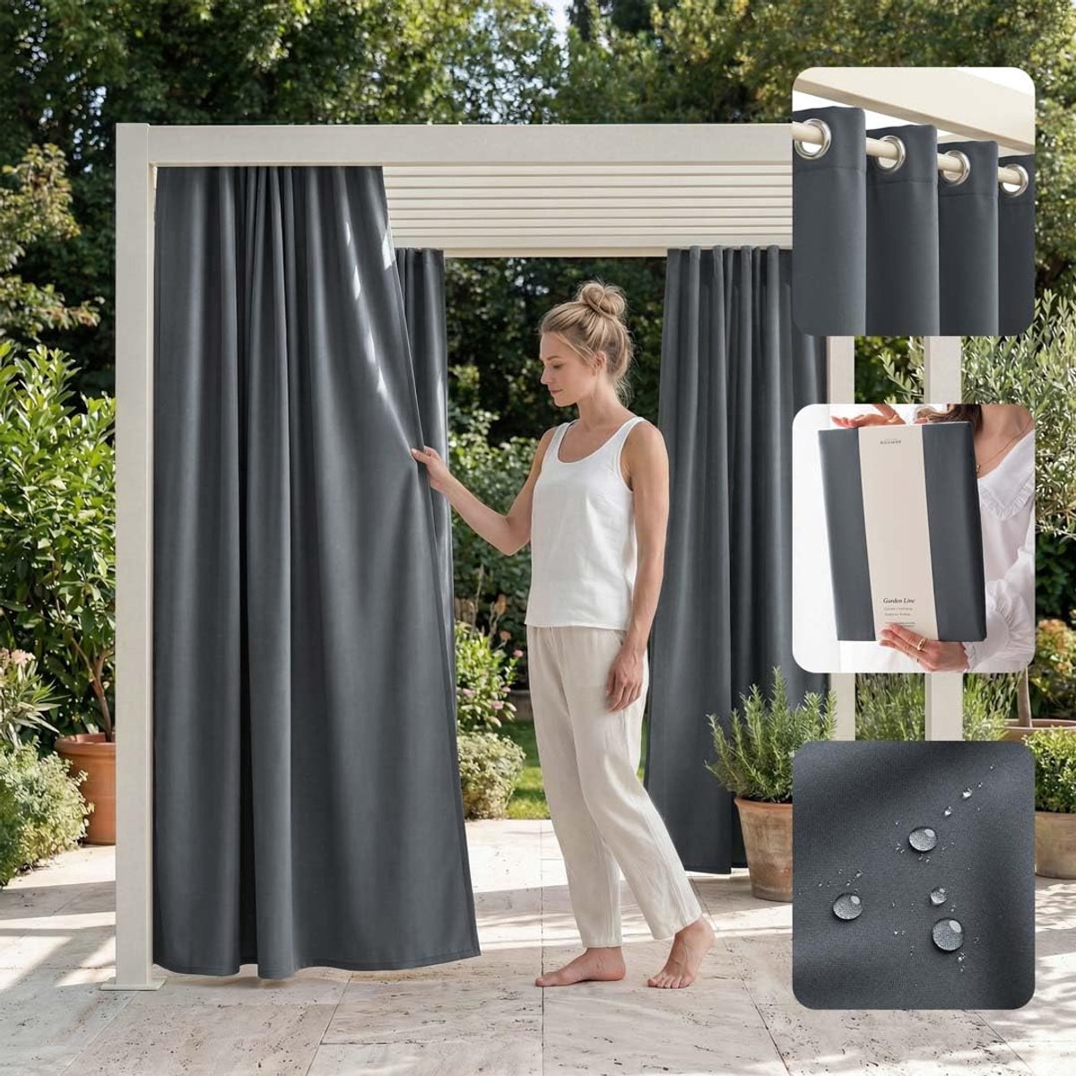 SnelShoppen - Outdoorgordijn met Ringen 155x200 cm, Weerbestendig, Waterdicht, Inkijkbescherming, Zonwering, Winddicht, Donkergrijs, Ideaal voor Tuin