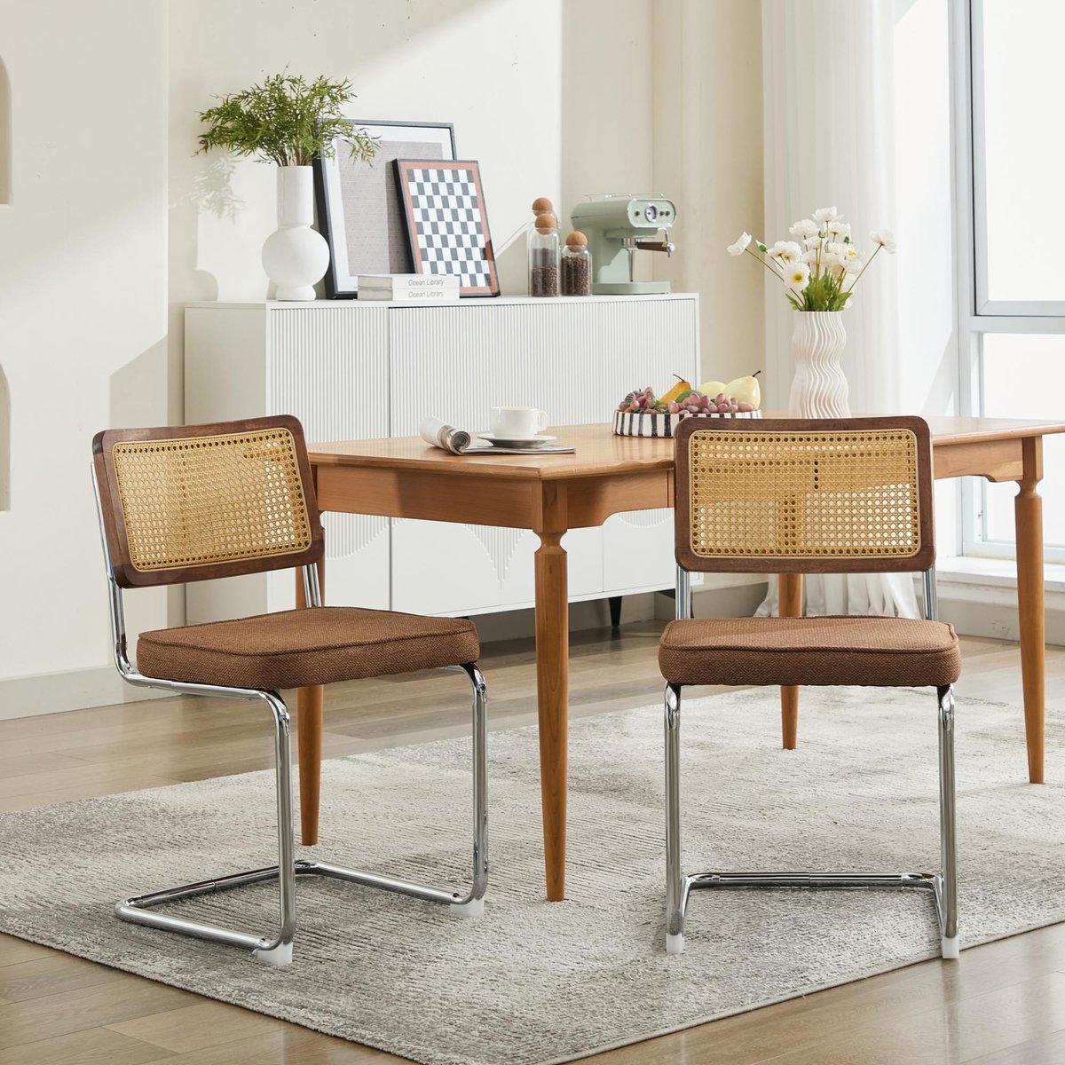 Pugsdrly - Set van 2 eetkamerstoelen - Koffiekleur - Linnen & natuurlijk riet - Roestvrijstalen verchroomd onderstel - Mid-century modern