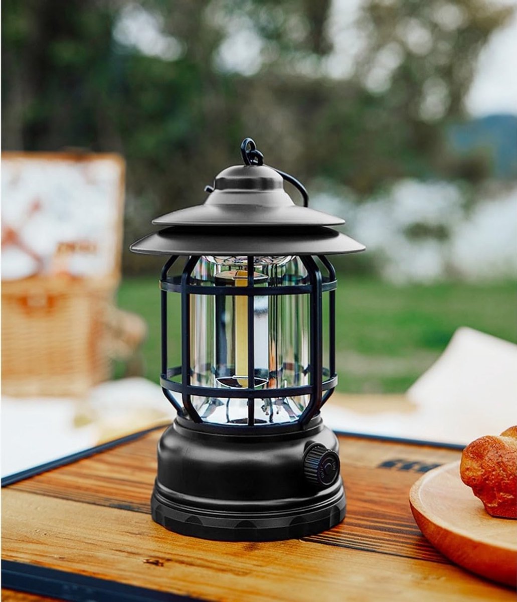 SnelShoppen - Oplaadbare Campinglantaarn - Vintage Tafellamp - Dimbare LED Verlichting - Waterdichte Buitenlamp met Haken - Decoratieve Lamp voor Camp