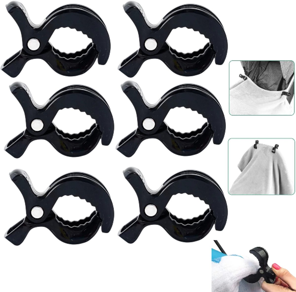 6 stuks - Kinderwagenclips - Universele kinderwagenclips - Dekenclips - Gespen voor kinderwagenclips - Winddichte clips - Winddichte kinderwagenclips - Zwart - 73*51*25 mm - Houdt dekens, speelgoed, handdoeken en andere spullen veilig vast