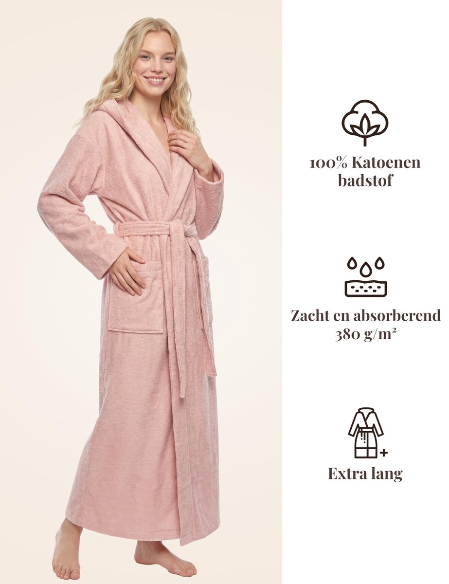 SnelShoppen - Dames Badjas Extra Lang met Capuchon - 100% Katoen Badstof 380 g/m² - Zachte en Absorberende Ochtendjas voor Sauna & Spa - Maten S–XXL