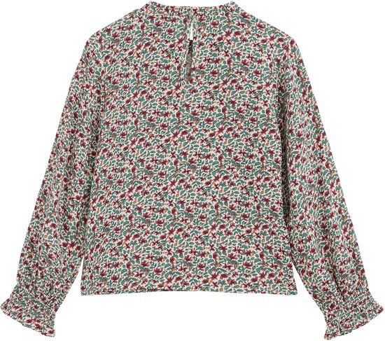 Wit blouse met een bloemenprint in het rood en groen, met lange mouwen en ruches.