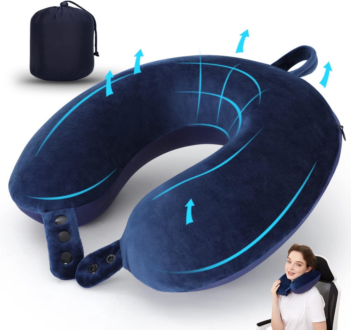 SnelShoppen - Reisnekkussen Traagschuim, U-vormig Vliegtuigkussen, Verstelbaar Zacht Kussen voor Auto, Thuisfauteuil, Donkerblauw Comfort