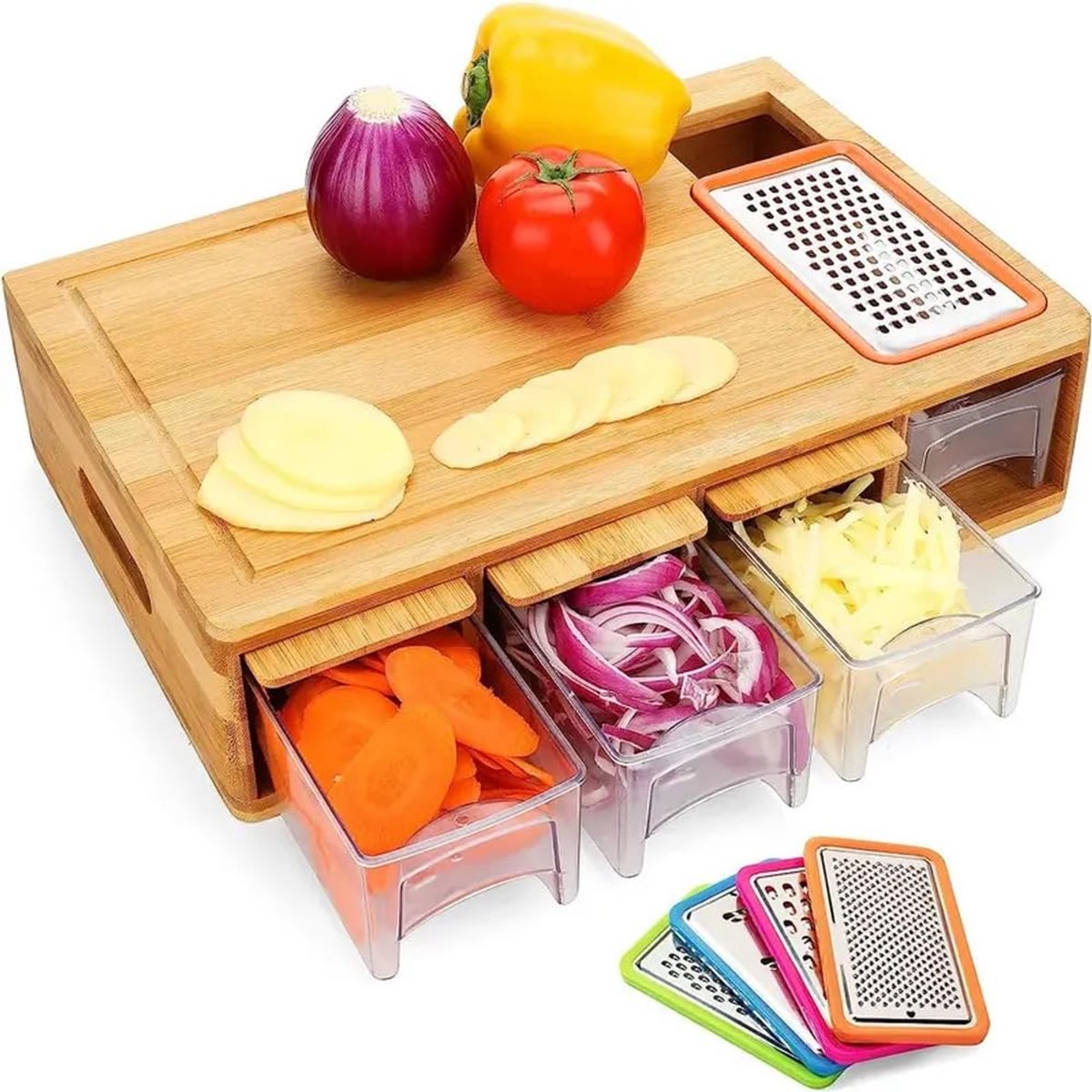 SnelShoppen - XL snijplank bamboe Deluxe 3-in-1 met 4 raspen, 4 vakken met houten deksels, geïntegreerde handgreep, BPA-vrij - ideaal voor keuken, bar