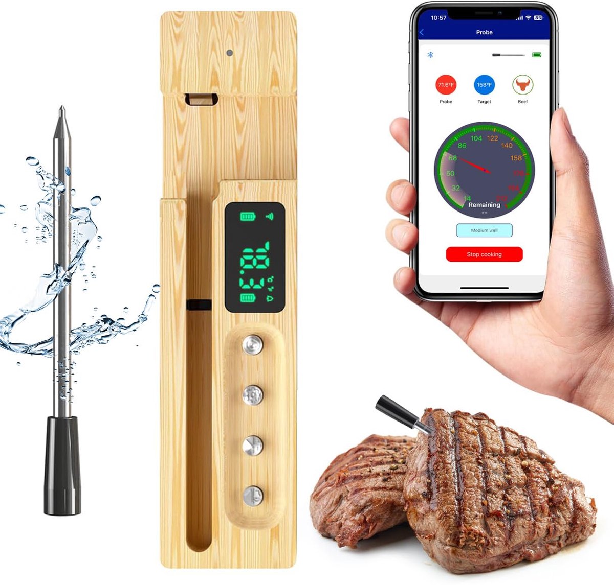 SnelShoppen - Nauwkeurige Bluetooth-vleesthermometer - Draadloos, Waterdicht (IP68) - App-besturing voor Perfect Grillen en Braden in Tuin, Keuken en