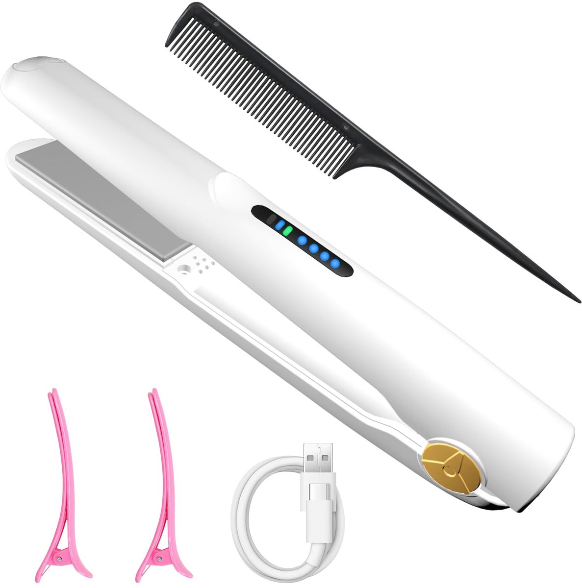 SnelShoppen - Draadloze Stijltang 2-in-1 Krultang Mini Reisstijltang Oplaadbaar USB Negatieve Ionen 3 Temperatuur 160/180/200 °C Wit voor Kort en Lang