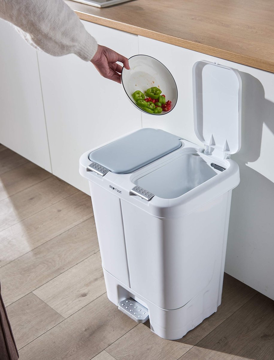 SnelShoppen - De Step N' Sort 40L Dual Prullenbak met Spring Top Opening en Hands-Free Slow Close deksel, Wit, Voor Keuken, Badkamer, Tuin en Feestjes