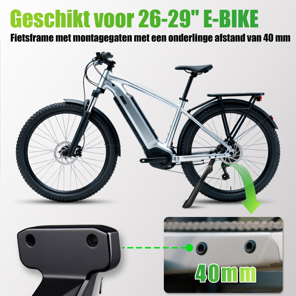 SnelShoppen - RBRL-standaard voor elektrische fietsen - Achterwiel standaard met 2 gaten van 40 mm - Draagvermogen 85 kg - Robuuste aluminium zijstand