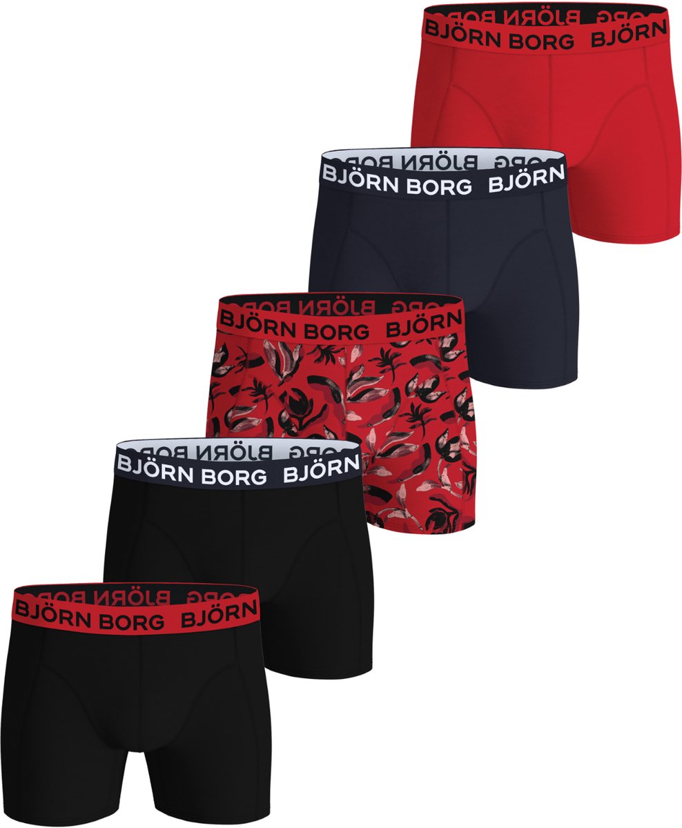 Björn Borg Cotton Stretch boxers - heren boxers normale lengte (5-pack) - zwart met rode band - zwart - rood - donkerblauw en rood met zwarte print