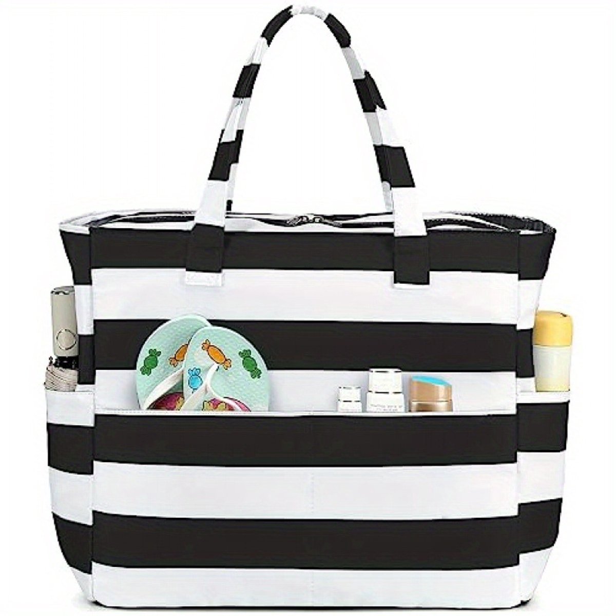 Extra grote strandtas voor dames, extra grote opvouwbare strandtas van mesh met ritssluiting en groot vak, geschikt voor strand, reizen, de sportschool en het zwembad,Dikke zwart-witte strepen