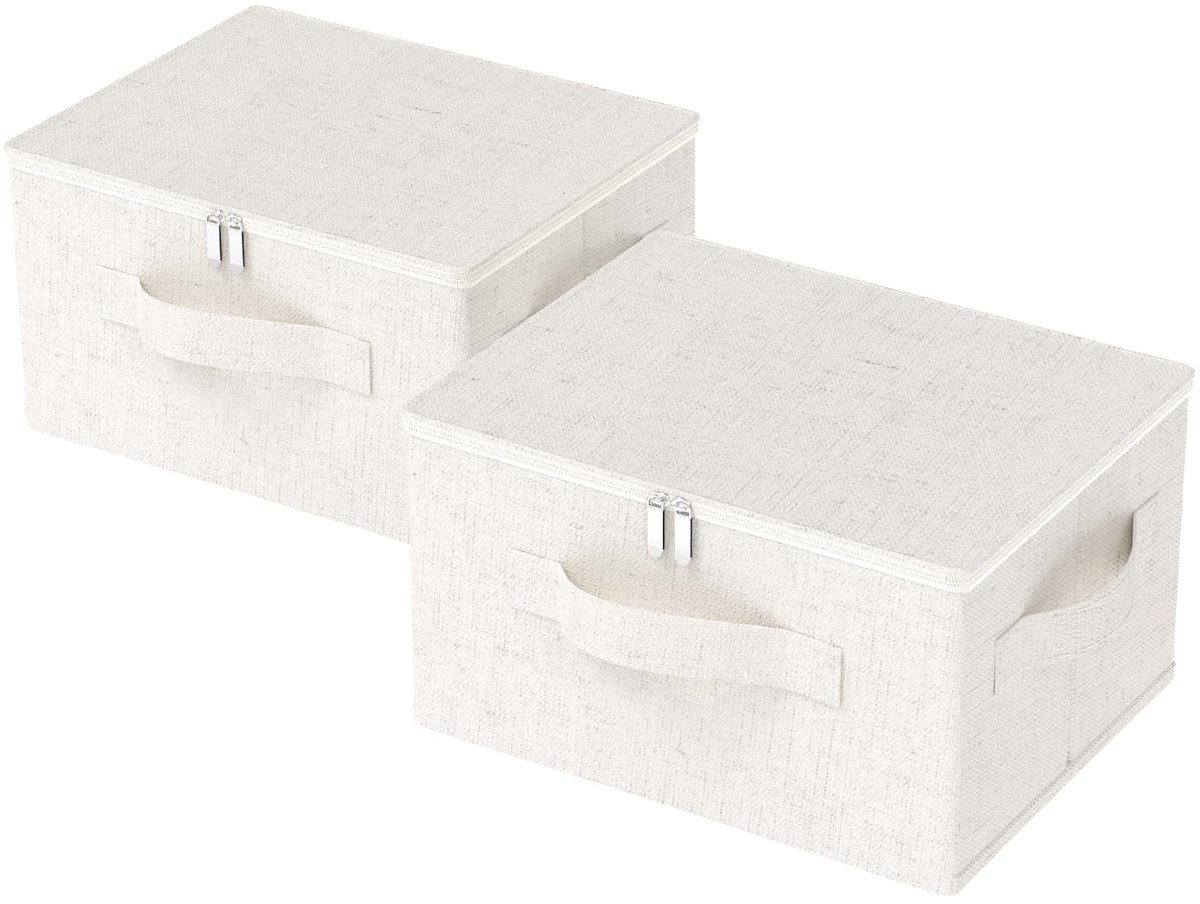 SnelShoppen - Set van 2 Klapdozen met Deksel, Beige Opbergdozen voor Onder het Bed, Handvat, Opbergtas voor Kleding en Accessoires, 45 x 35 x 25 cm, I
