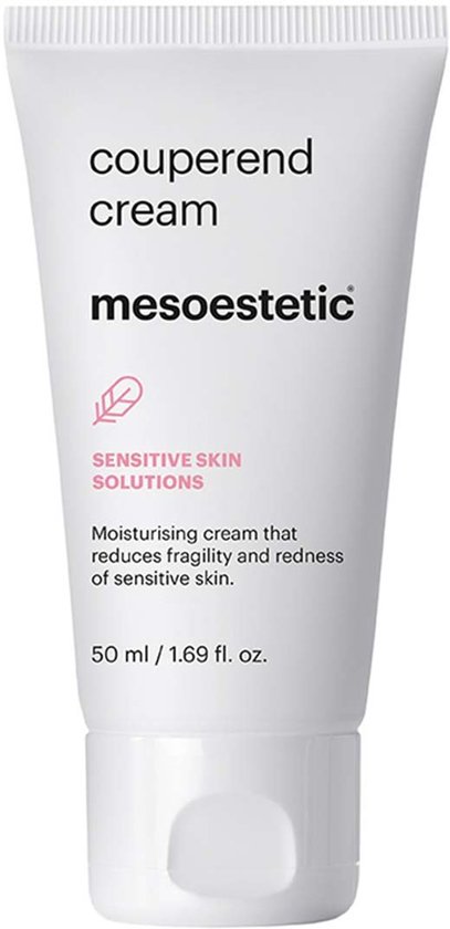 Witte tube met de tekst 'couperend cream', 'mesoestetic', 'SENSITIVE SKIN SOLUTIONS', en 'Moisturising cream that reduces fragility and redness of sensitive skin. 50 ml / 1.69 fl. oz.'