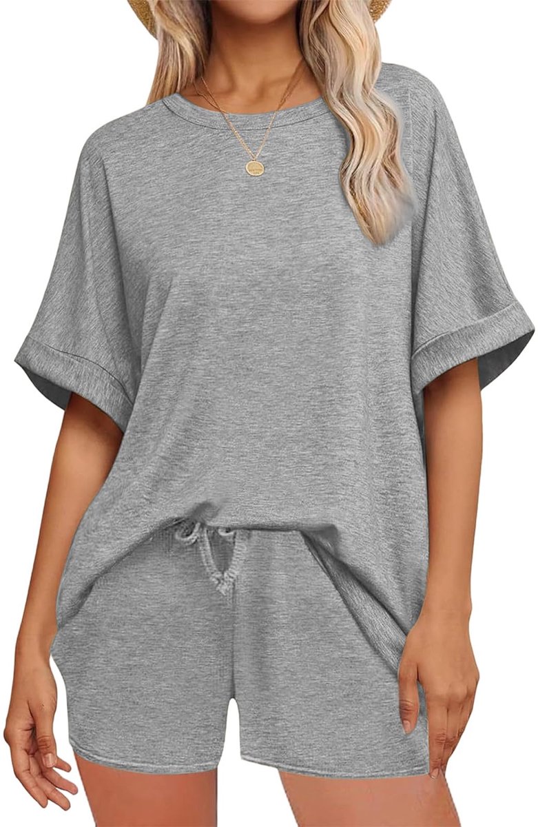 SnelShoppen - Dames Jumpsuit Korte Mouwen Zomer 2 Stuks Elegant Ronde Hals Hoge Taille Sportkleding met Zakken Grijs XL Voor Feest, Casual, Vakantie