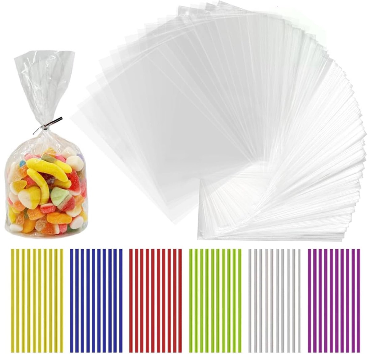 Dailygoods - 100 Transparante Cellofaanzakjes 25x15 cm - Inclusief Kleurrijke Ties