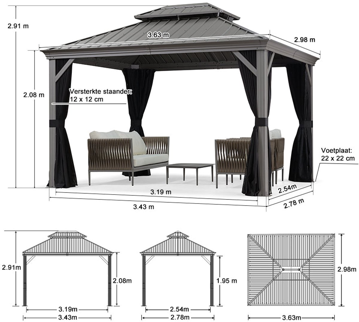 Purple Leaf Hardtop pavillon 3,65 x 3 m - gris clair luxe