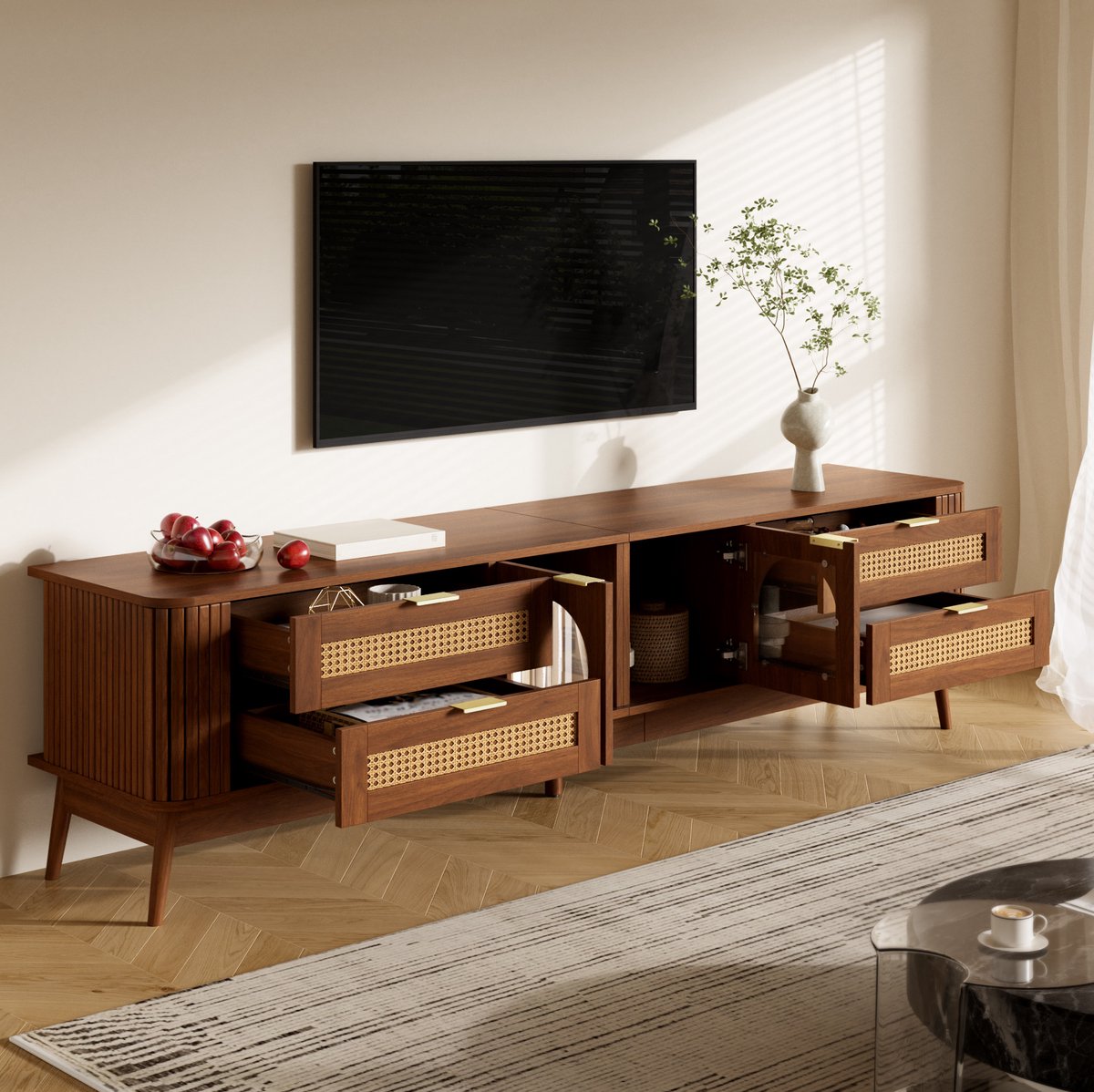 REDOM - TV meubel - Vier lades en twee deuren - Bogen van veiligheidsglas - LED-verlichting met app-bediening - Walnoot - Spaanplaat en massief houten poten - 180 x 40 x 50 cm