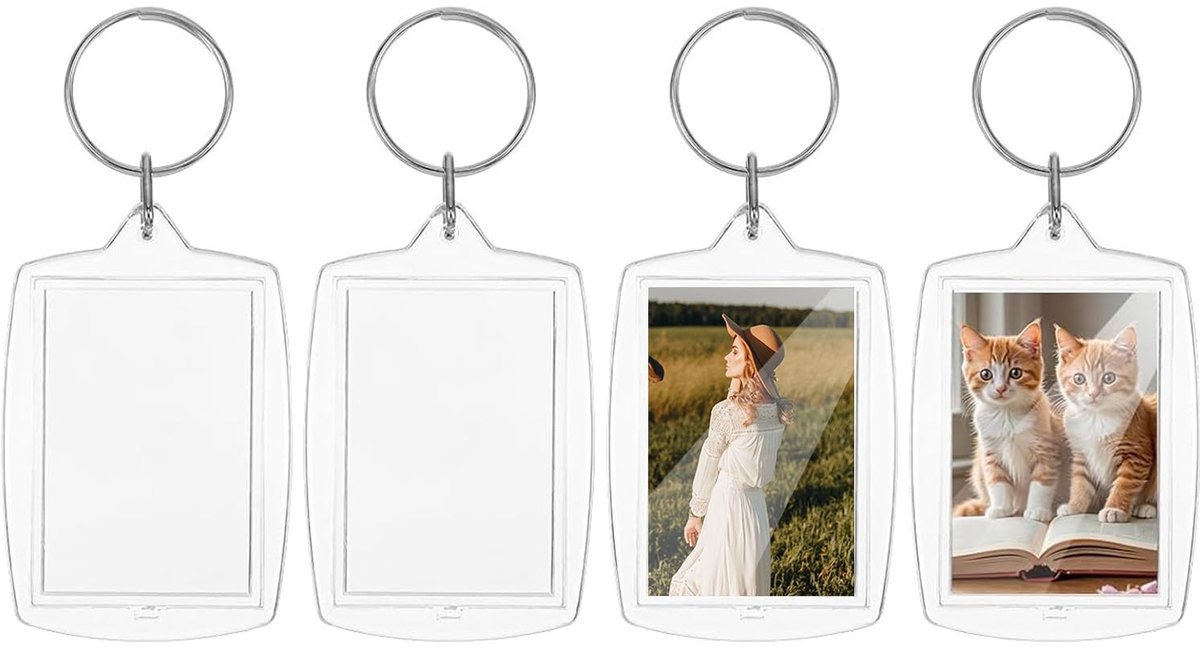 Dailygoods- Sleutelhanger Set van 4 - Acryl Fotosleutelhangers - Dubbelzijdig Transparant - Splitring - Persoonlijke Aandenken - Bescherming tegen Krassen - Fotosleutelhanger