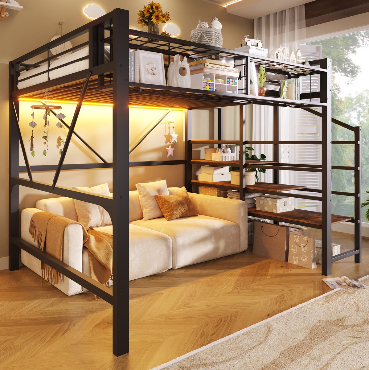 REDOM - Bedframe - Hoogslaper met trapopbergrek - Gitterelementen en opbergkorf - LED-verlichting en open opbergruimte - Metaal en MDF - Zwart - 251,5 x 163 x 170 cm