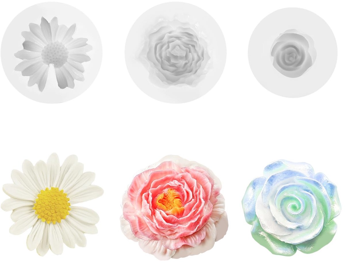 Dailygoods- Siliconen Kaarsenvormen 3D - Rozen/Ganzenbloem/Pioenroos - Gietvormen - Lentekaarsen - Set van 3 - Flexibel en duurzaam
