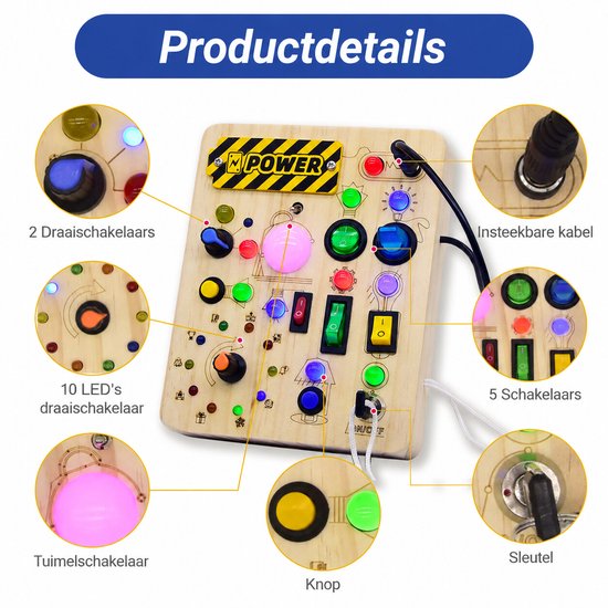 sogiol® - Montessori Houten Speelgoed - Activiteitenbord - Montessori Busy Board - Educatief speelgoed voor Peuters vanaf 3 jaar - Sensorisch Speelgoed met LED Verlichting & Schakelaars van TEKROA — afbeelding 3