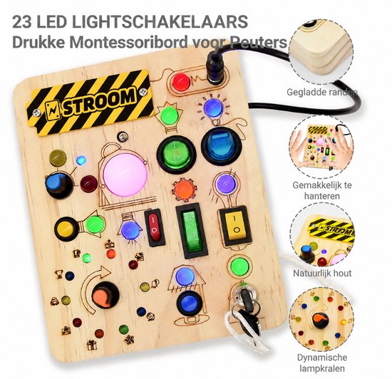 sogiol® - Montessori Houten Speelgoed - Activiteitenbord - Montessori Busy Board - Educatief speelgoed voor Peuters vanaf 3 jaar - Sensorisch Speelgoed met LED Verlichting & Schakelaars van TEKROA — afbeelding 2