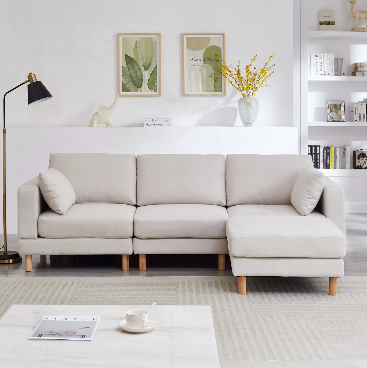 COVREO Hoekbank 235x152x78 cm – beige polyester, 3-zits met hocker