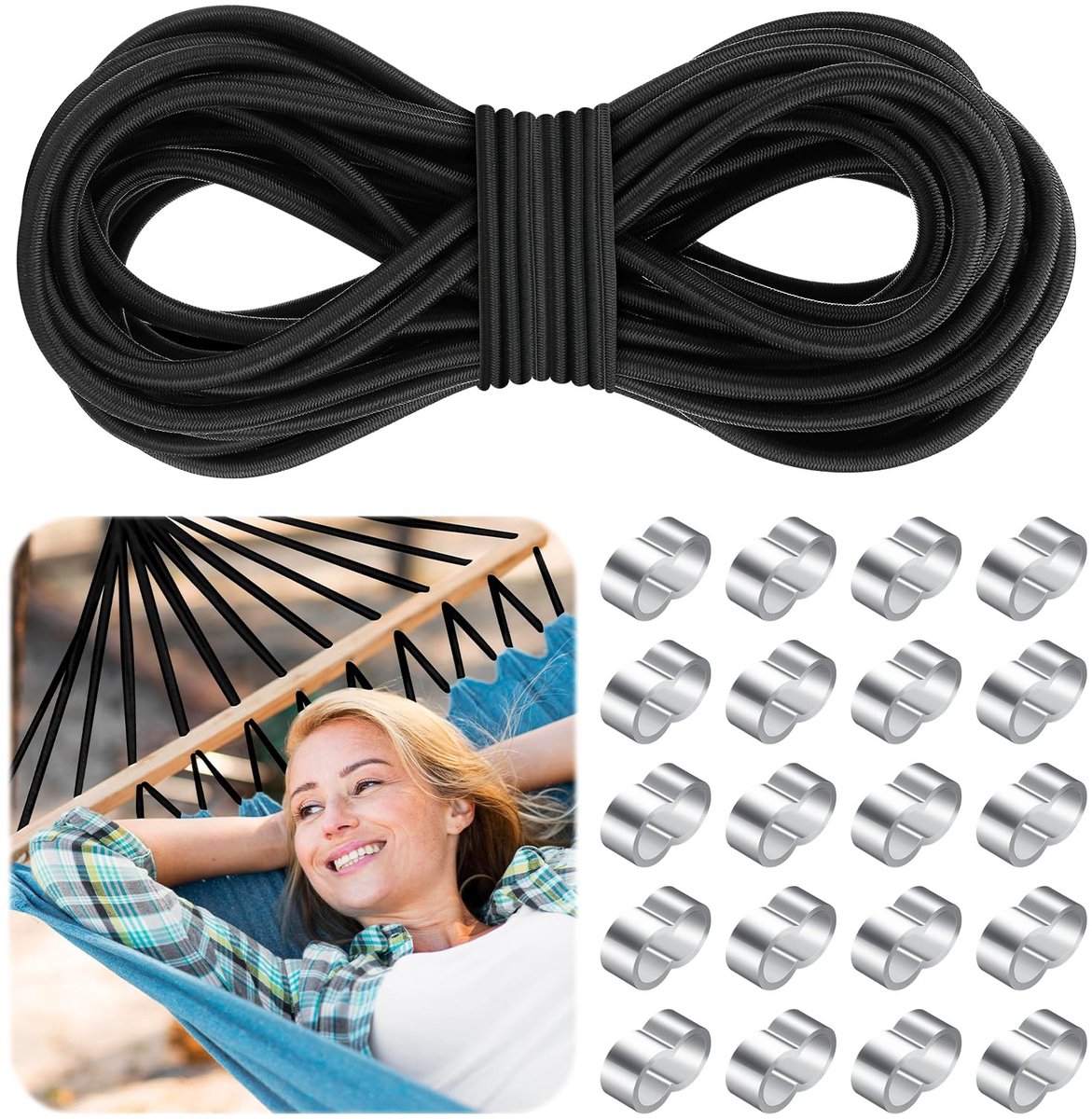 Dailygoods- Expandertouw 10 m - Rubber Koord - 8 mm Dikte - 20 Wurgklemmen - Duurzaam - Flexibel en Rekbaar - Bungeekoord
