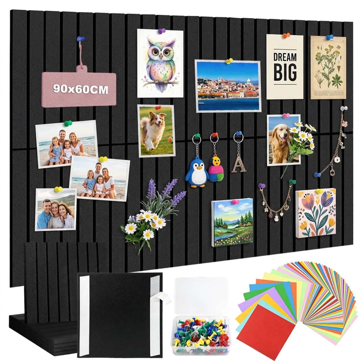 Dailygoods - Grote Vilt Prikbord Zelfklevend 90 x 60 cm met 50 Speldjes en 100 Kleurrijke Papieren