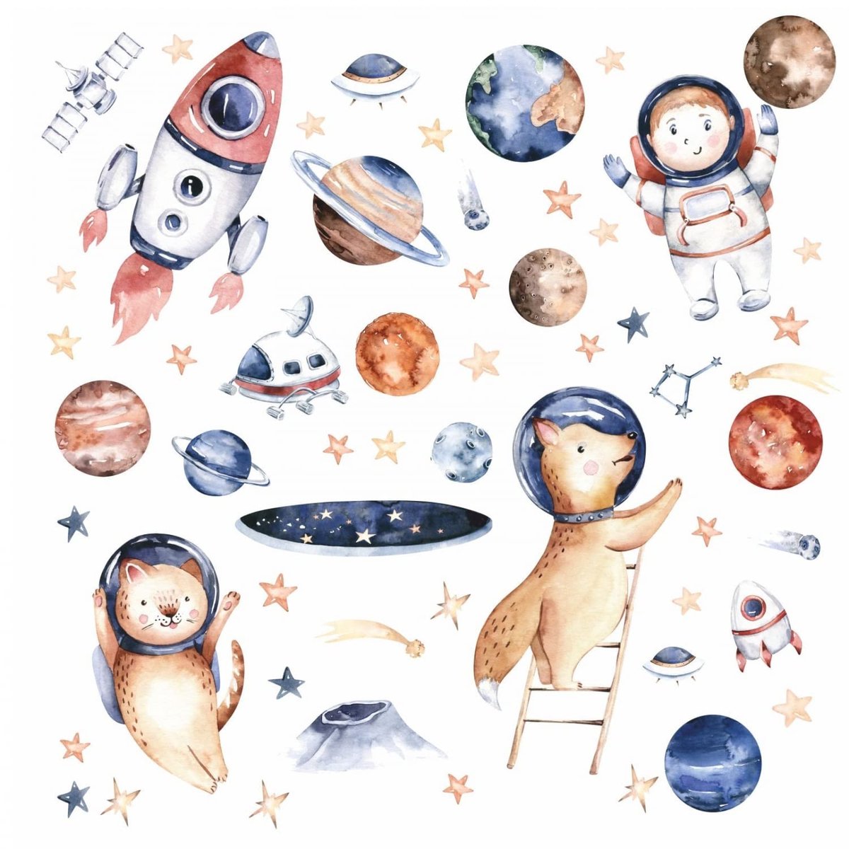 Dailygoods - Muurtattoo heelal astronaut raket en planeten 1500 x 840 mm - kinderkamer muursticker
