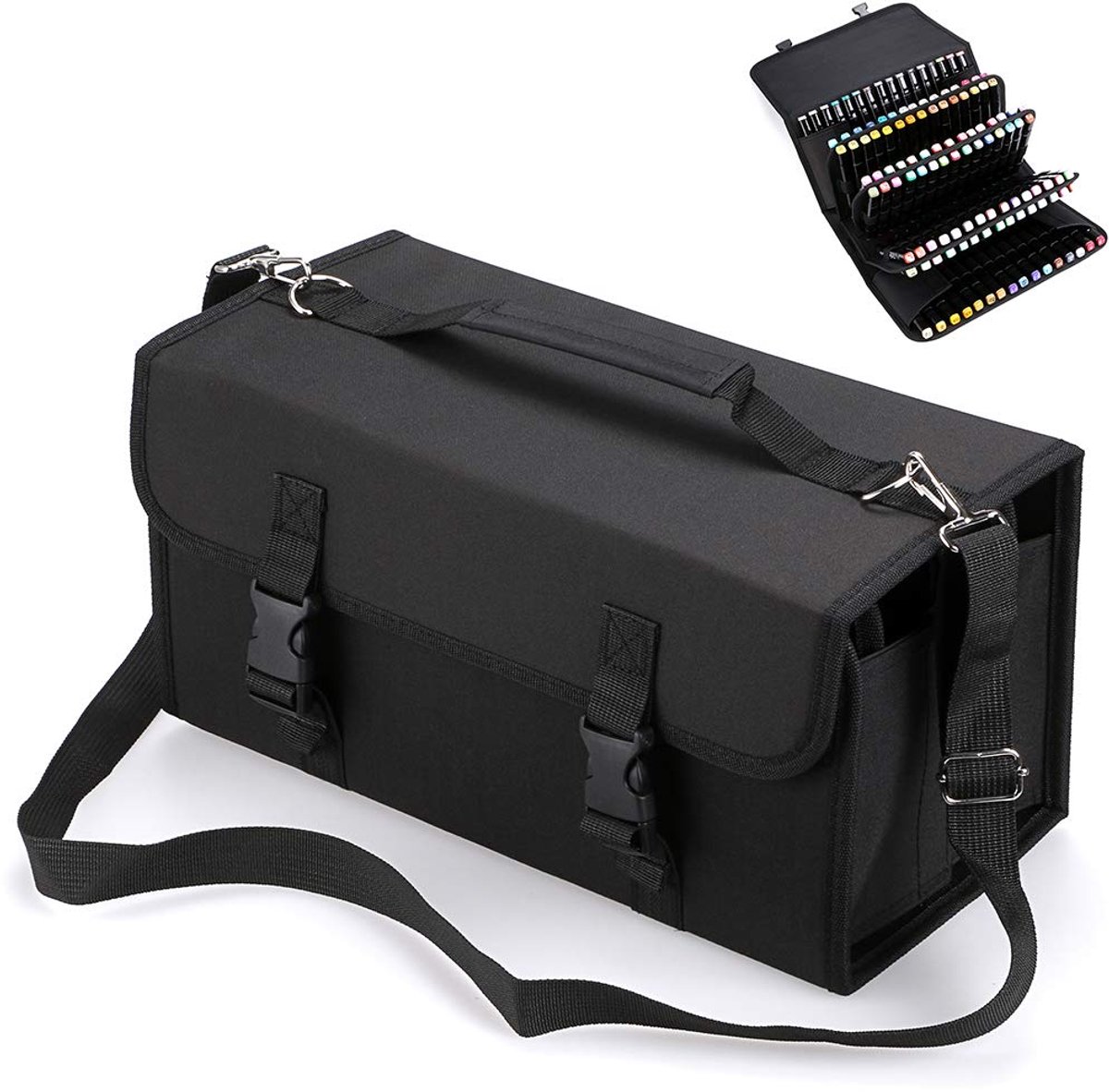 Dailygoods - Grote capaciteit canvas marker case met schouderriem voor Primascolor en Copic Markers - Zwart