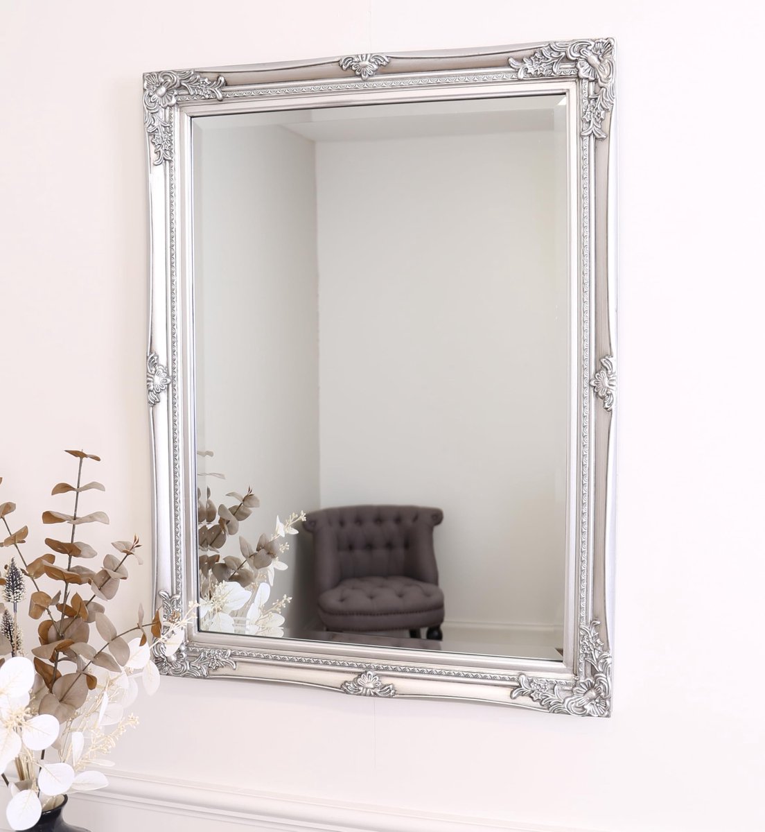 SnelShoppen - Rennes Vintage grote wandspiegel voor woonkamer - shabby chic barok, antiek Frans design - massief houten frame in antiek zilver (60 x 8