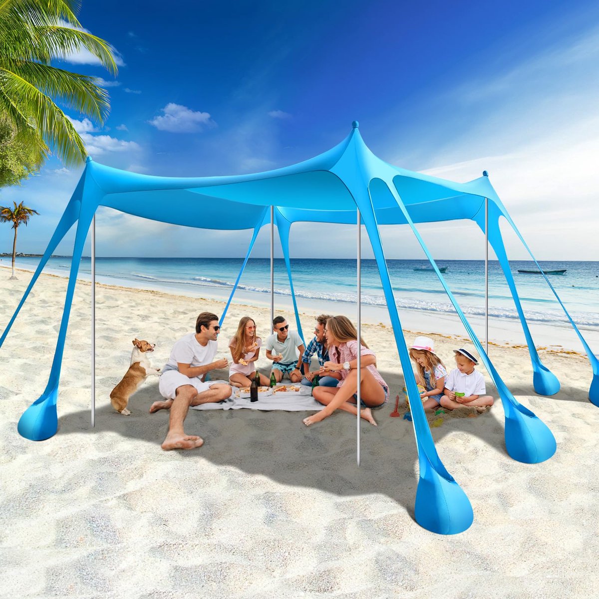 SnelShoppen - Rhino Valley Strandschelp - Strandtent met UV 50+, Draagbaar Windscherm, Zonnezeil voor Kamperen, Vissen, Picknick in de Tuin, Hemelsbla