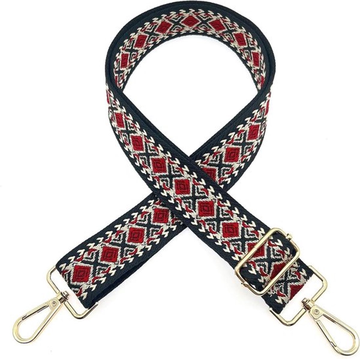 Verstelbare brede stoffen tasriem in bohemian stijl voor handtas en schoudertas met clips - Zwart-rood
