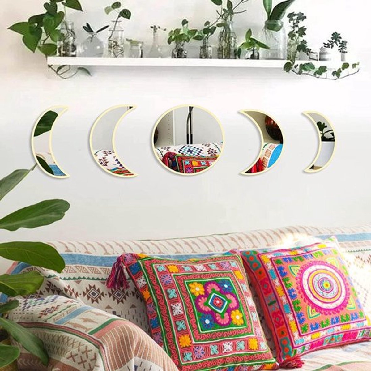 Maanfase Spiegel Set voor Muurdecoratie Slaapkamer - Bohemian Scandinavian - Natuurlijk - Decoratieve Spiegel