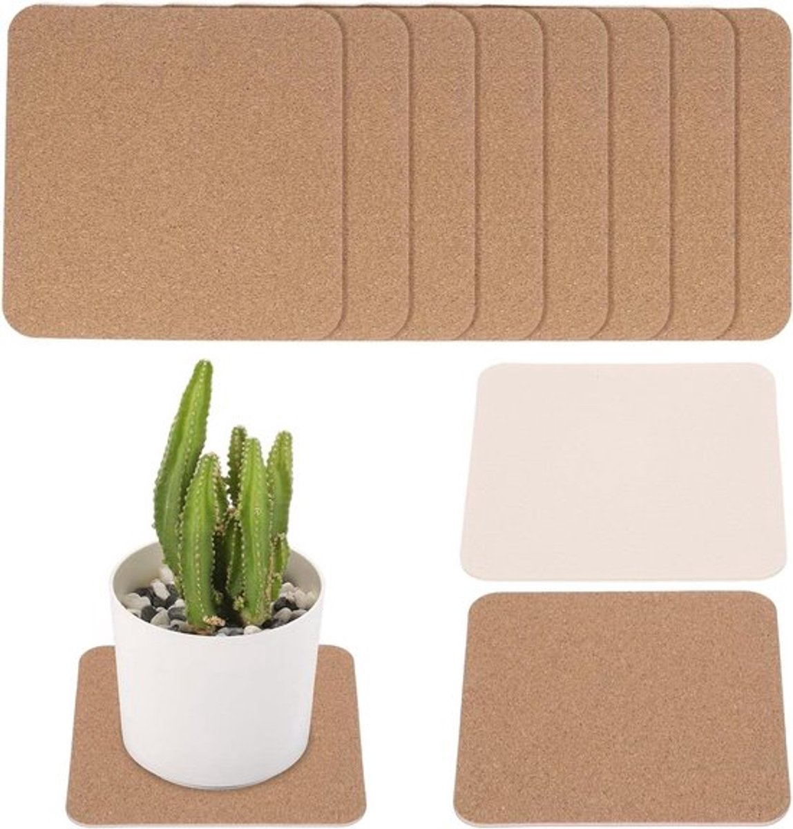 10 stuks vierkante kurk plantenonderzetters 10 cm beige voor huis, tuin, binnenplaats