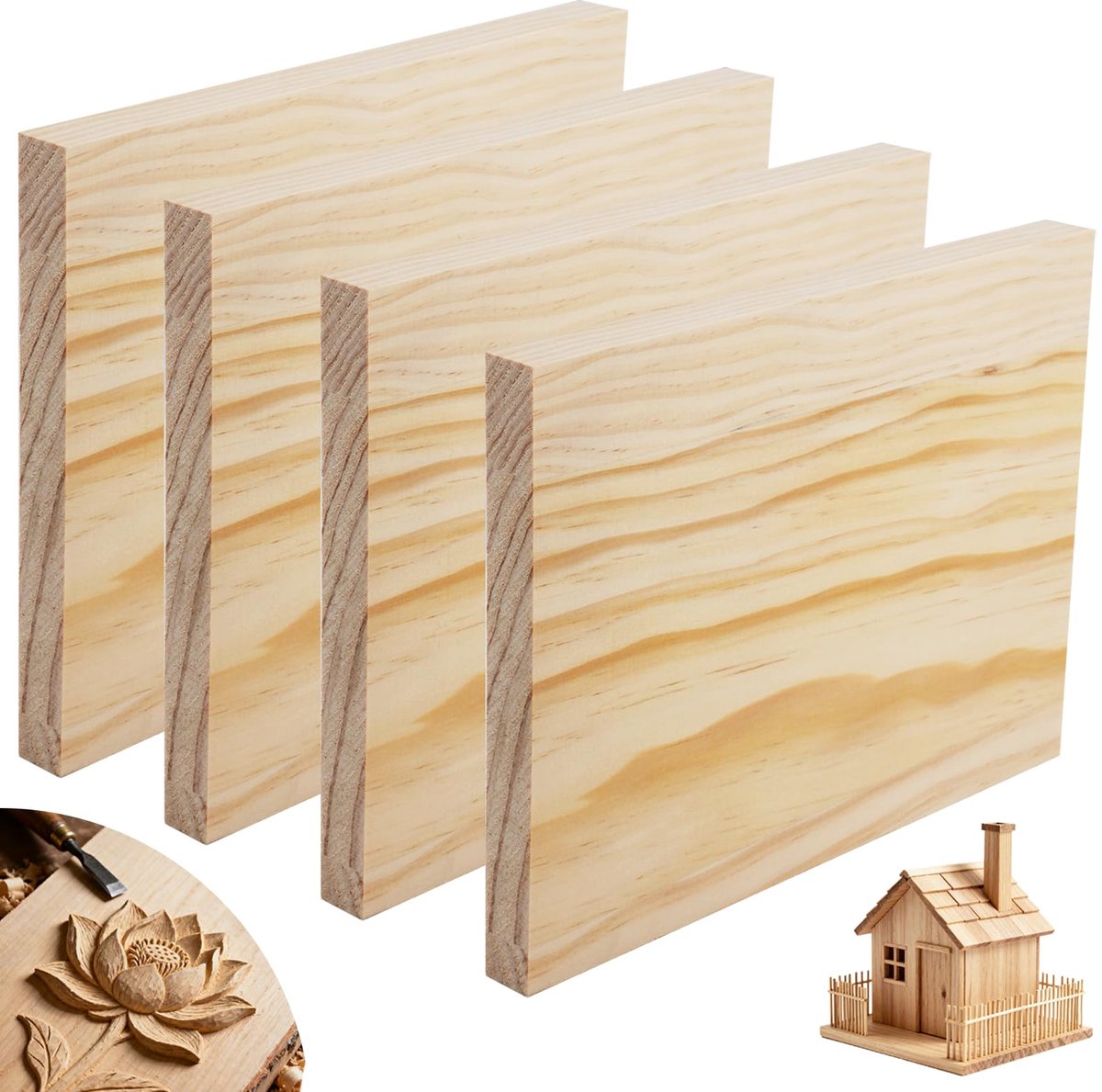 SnelShoppen - 4 stuks Houten Kubussen 20x15x2.5cm Onbehandeld Hout voor Knutselen, DIY, Houtsnijwerk, Massief Resthout, Houtblokken, Planken, Dennehou
