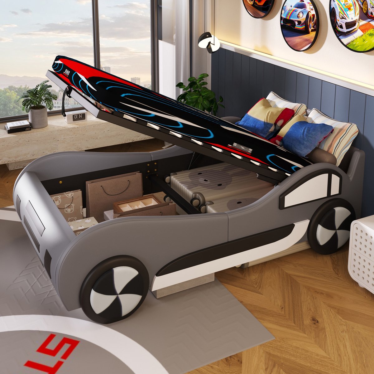 MODFU Kinderbed Autobed - Opbergruimte - Grijs - 90 X 200 Cm