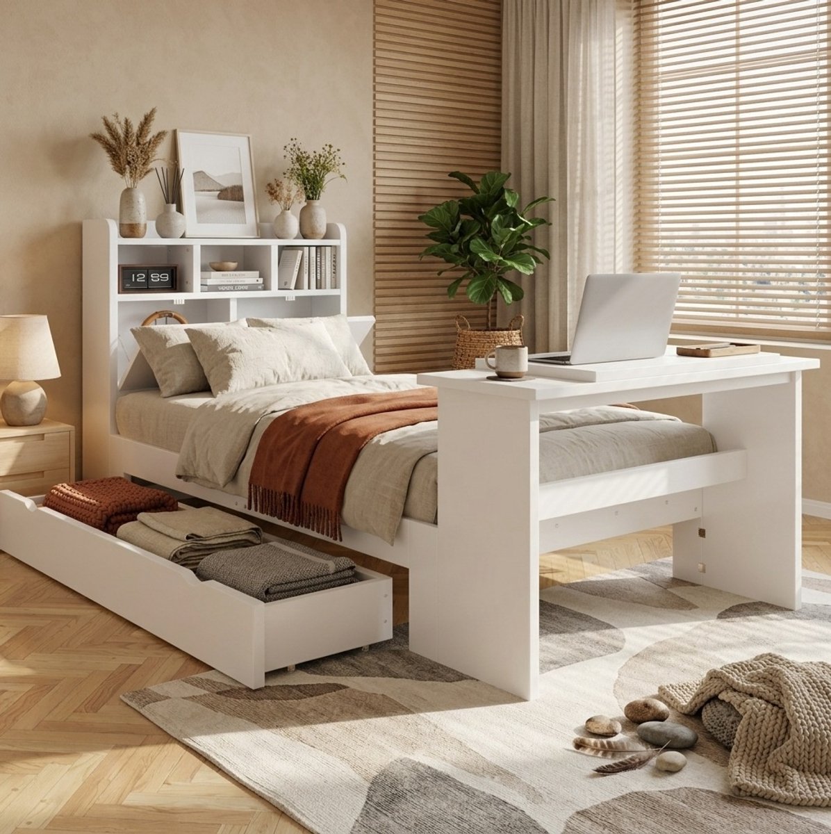MODFU Kinderbed - Opbergruimte - Klaptafel - Wit - Eenpersoons - 90 X 200 Cm