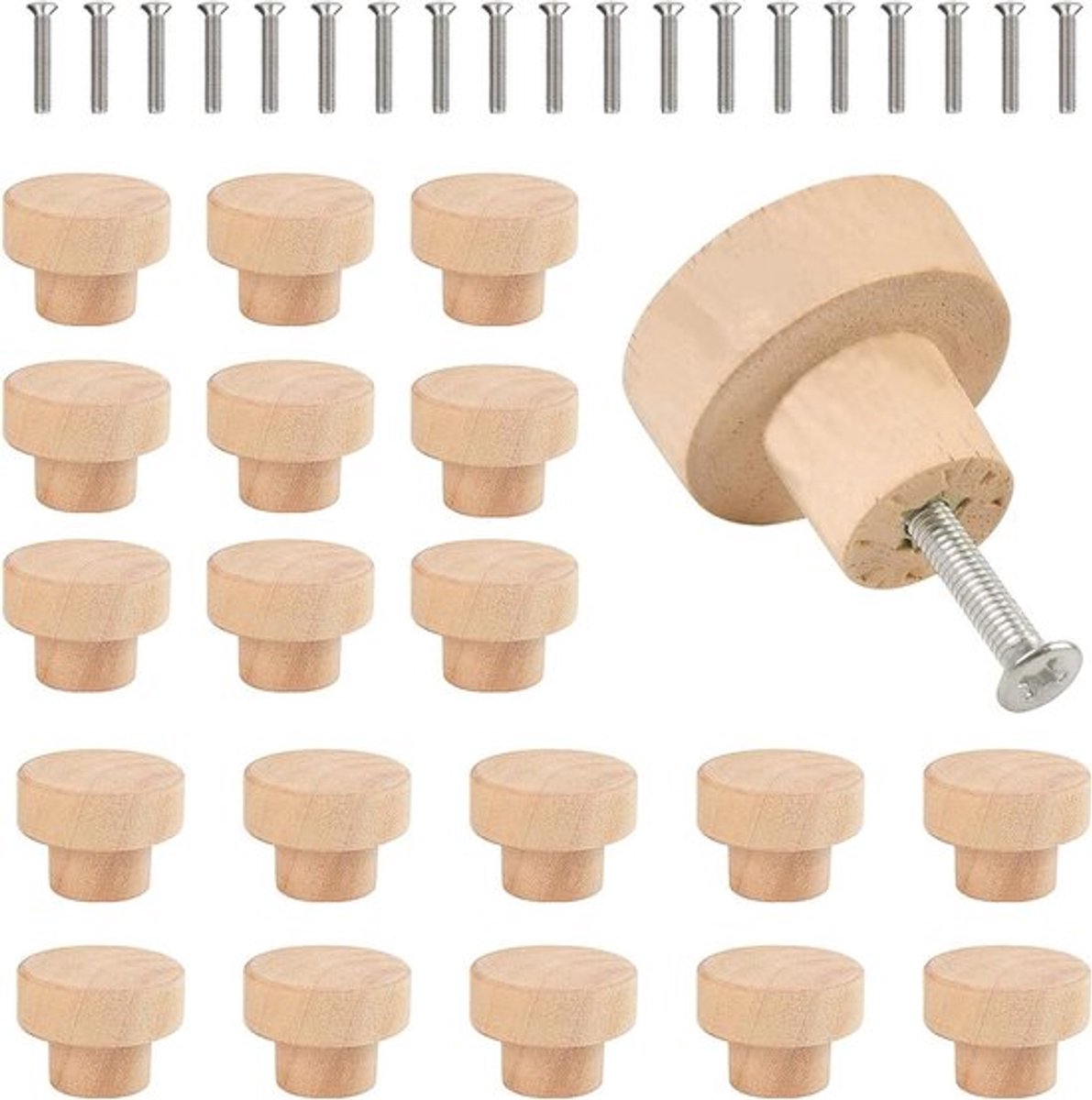 Set van 20 houten meubelknoppen ongelakt voor laden, kast en commode