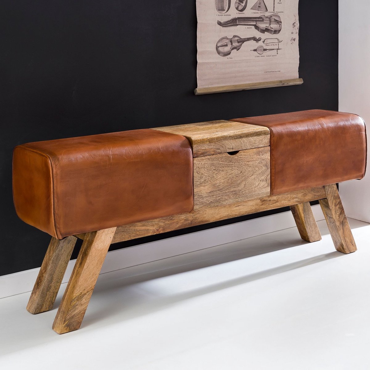 Ontwerp Turn Bock Bank - Opbergbank - Kruk - Bruin Leer - Modern en Duurzaam - Massief Houten Poten