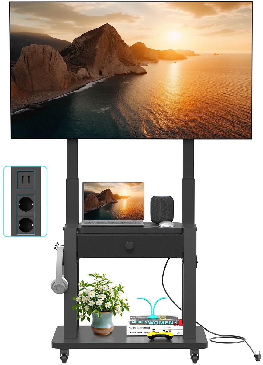 Verrijdbaar TV Meubel - Mobiele TV Standaard - Flexibele Beeldweergave - Geïntegreerd Stopcontact - Tot 75 inch - Zwart