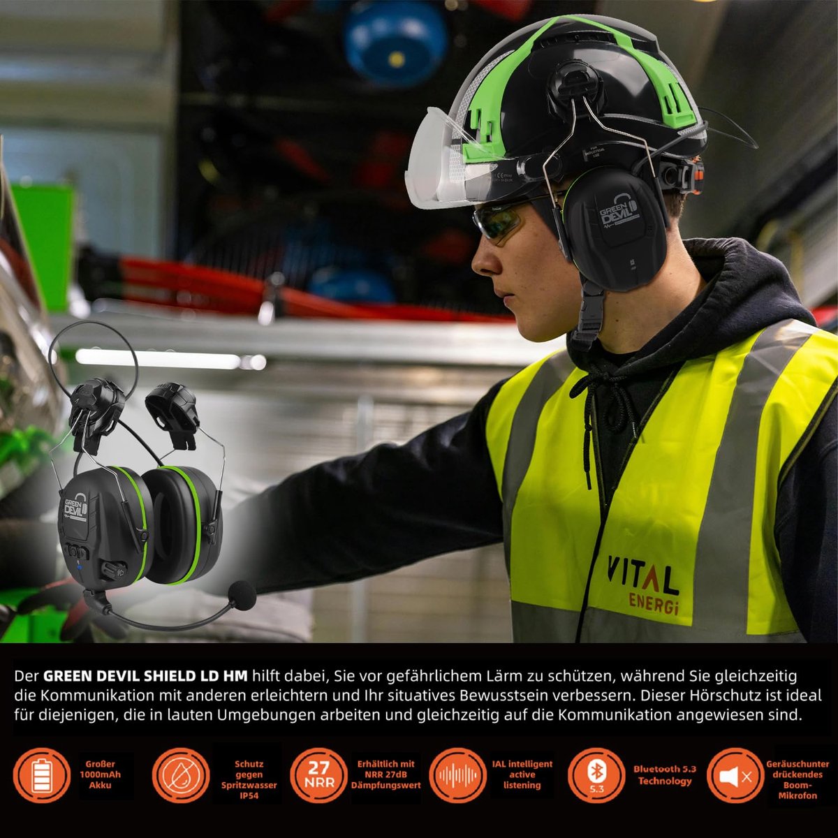 SnelShoppen - GREEN DEVIL Shield LD HM Actieve Gehoorbescherming - Elektronische Gehoorbeschermer met Bluetooth 5.3, SNR 32dB, Geschikt voor Helmen en